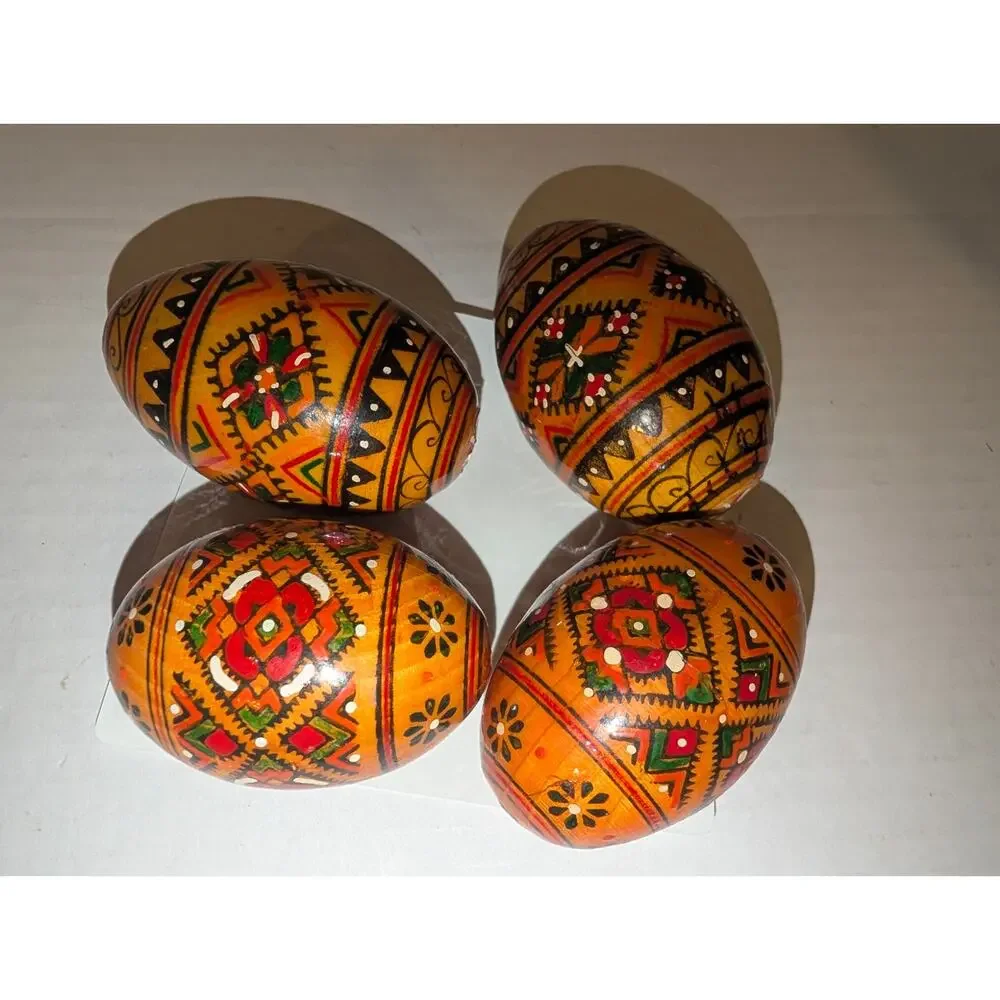 4 Vintage Authentic Ukrainian USSR Hand Painted Easter Eggs Petrykivka Pysanky 2